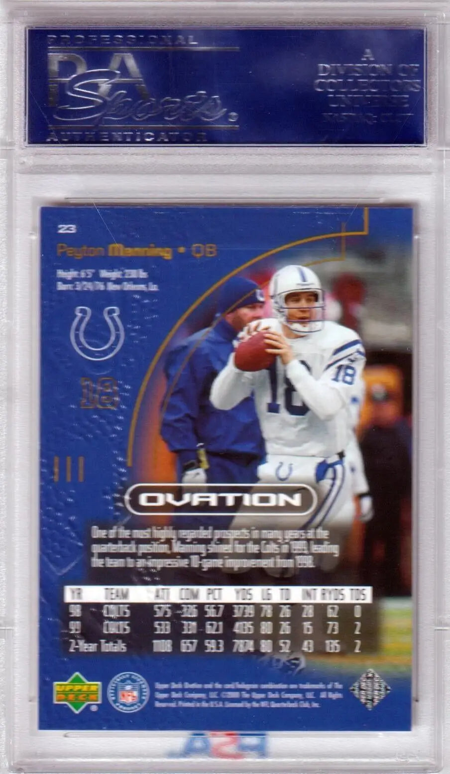 Football trading card of Peyton Manning in protective holder, Columbia Hobby single cards