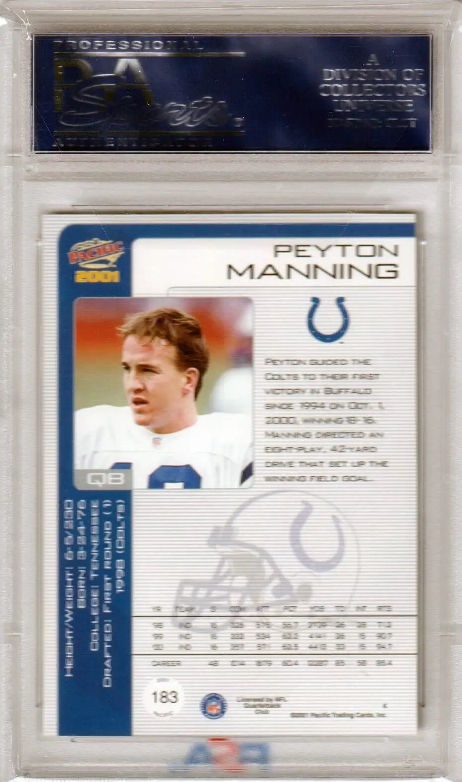 Professional football trading card in clear case, PEYTON MANNING 2001 Pacific PSA 10 GEM MINT, Columbia Hobby