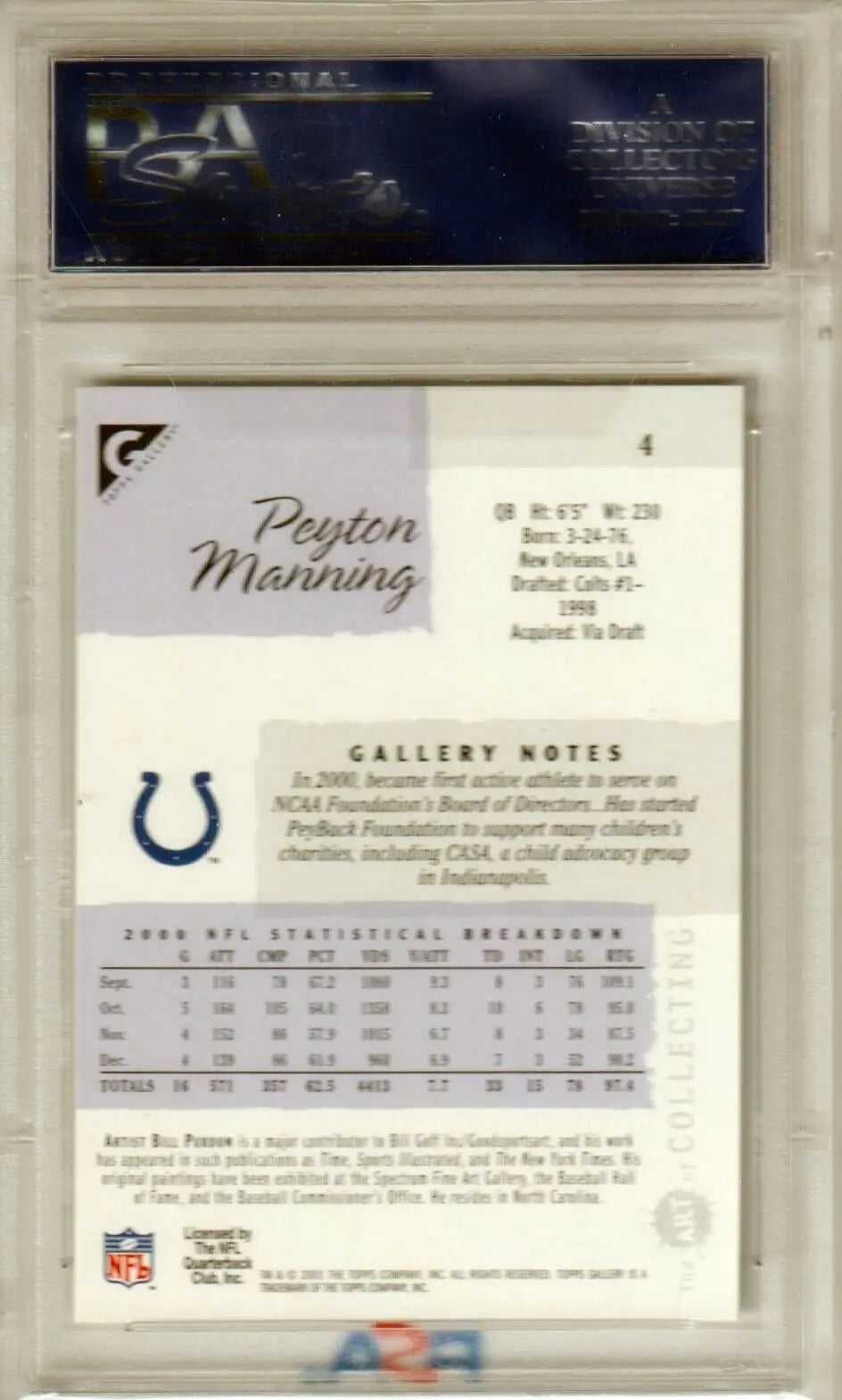 Football trading card of Peyton Manning with Colts stats and gallery notes, Columbia Hobby