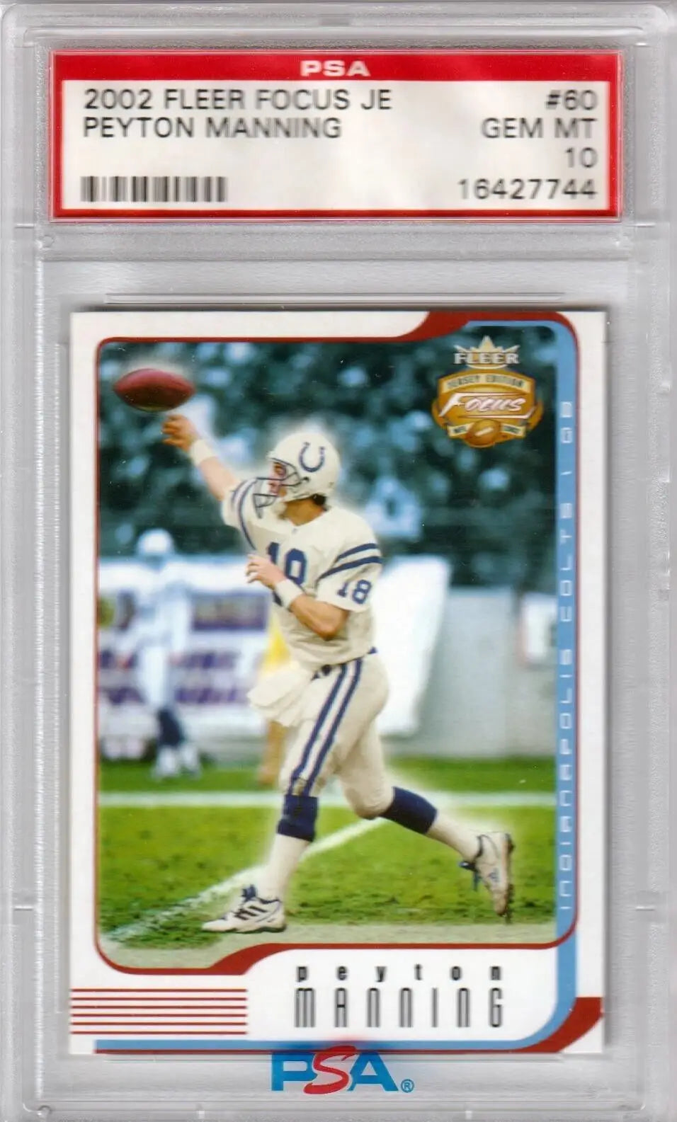 PSA-graded 2002 Fleer Focus JE Peyton Manning football card for single cards at Columbia Hobby