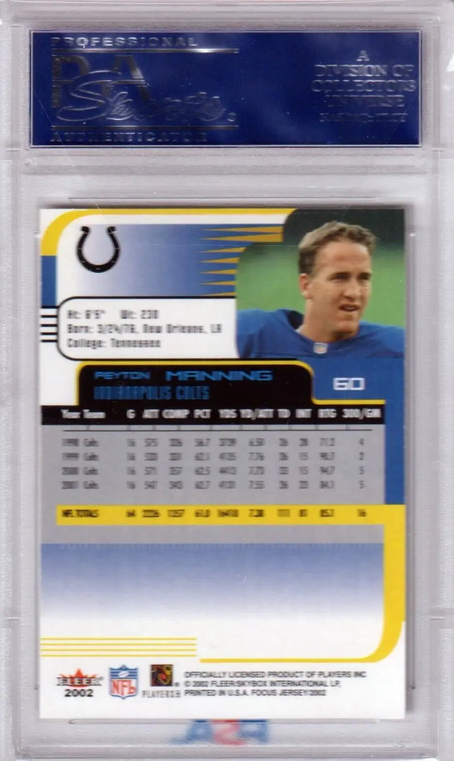 Football trading card of Peyton Manning in protective case for Colts single cards