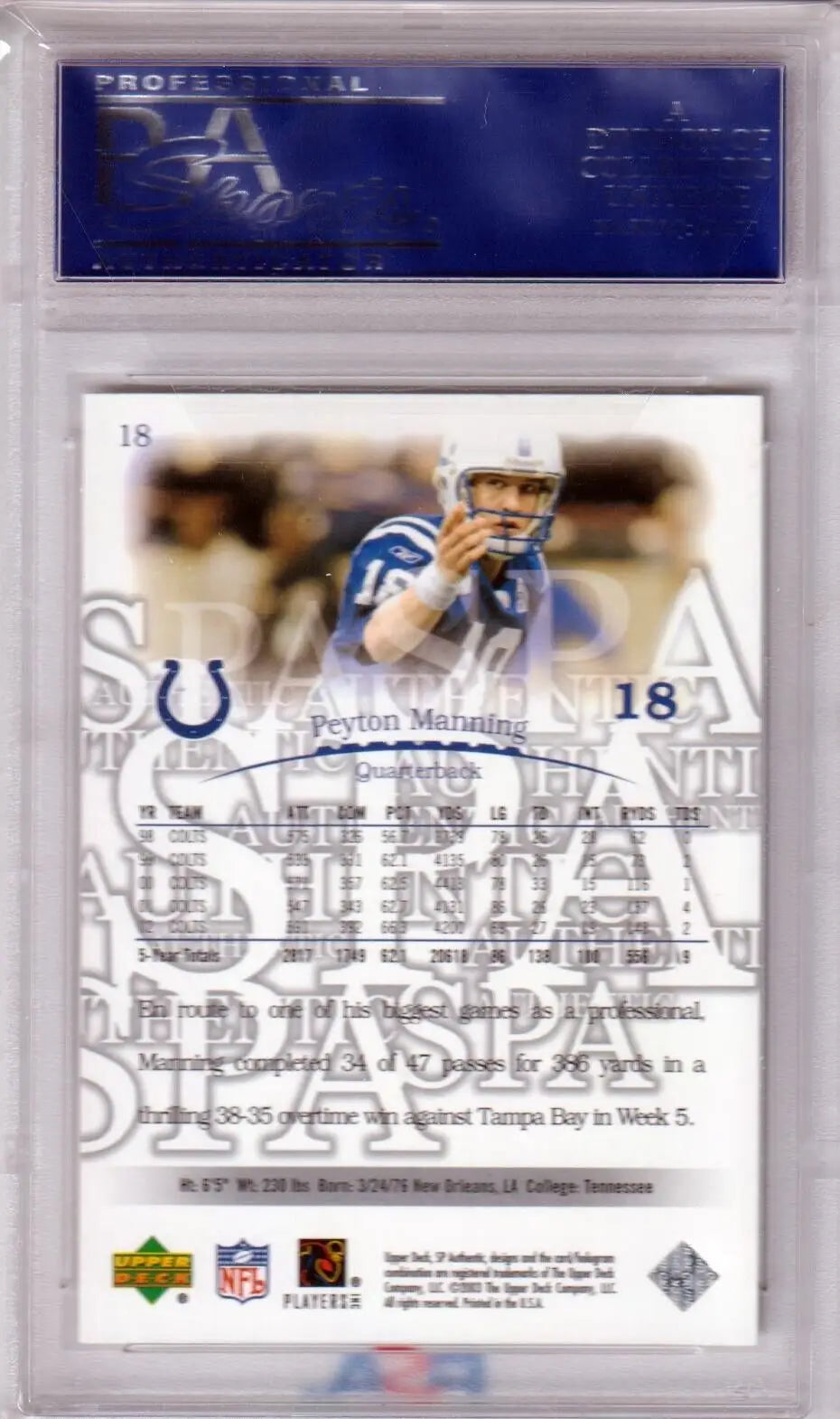 Professional football trading card of Peyton Manning #18 in PSA 10 case from Columbia Hobby