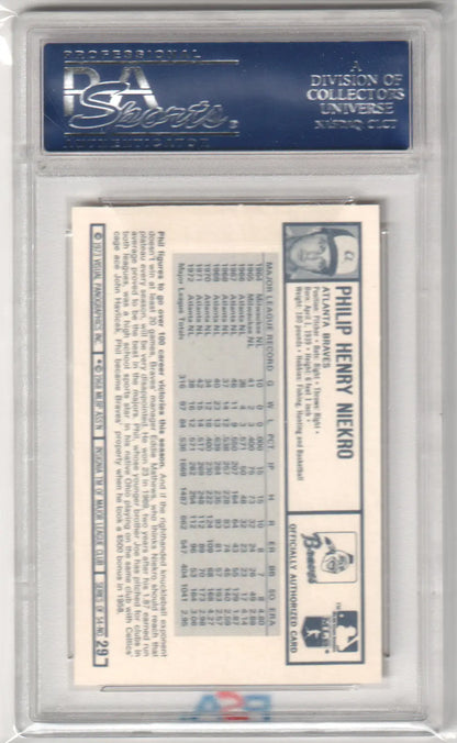 PSA-graded Phil Niekro 1973 Kellogg’s Pro Super Stars #29 baseball card in protective case