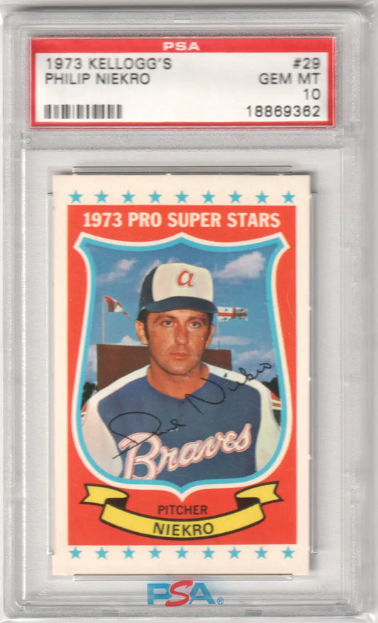 PSA-graded 1973 Kellogg’s Pro Super Stars Phil Niekro baseball card in protective case