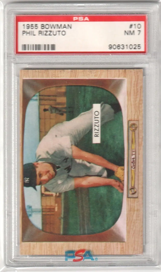 PSA-graded 1955 Bowman Phil Rizzuto single card featuring a pitcher in mid-delivery