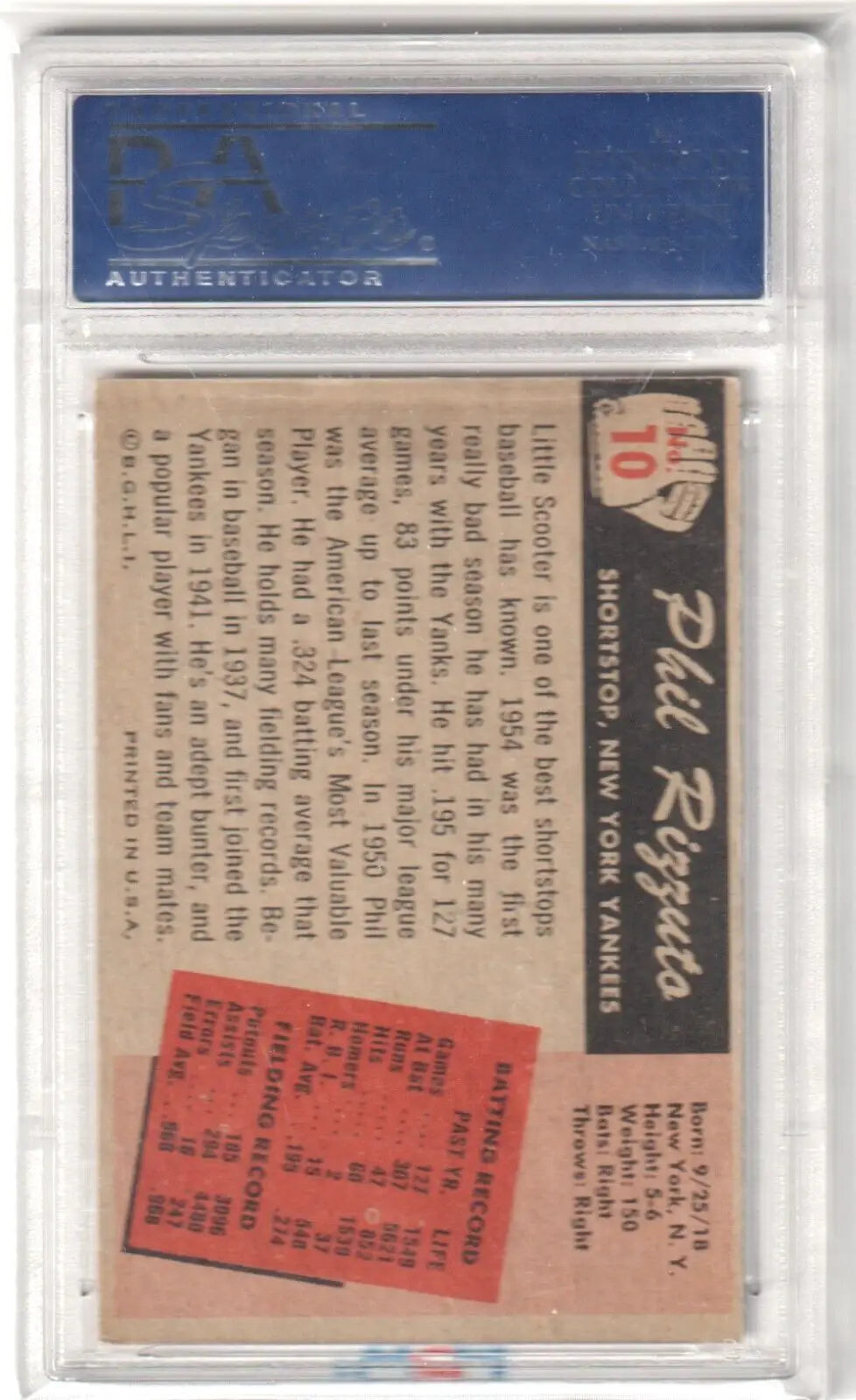 Back side of PHIL RIZZUTO 1955 Bowman #10 PSA 7 NM baseball card in holder, Columbia Hobby