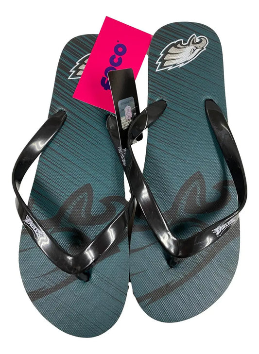 Dark green Philadelphia Eagles flip flops with black straps, size 9-10, unisex style