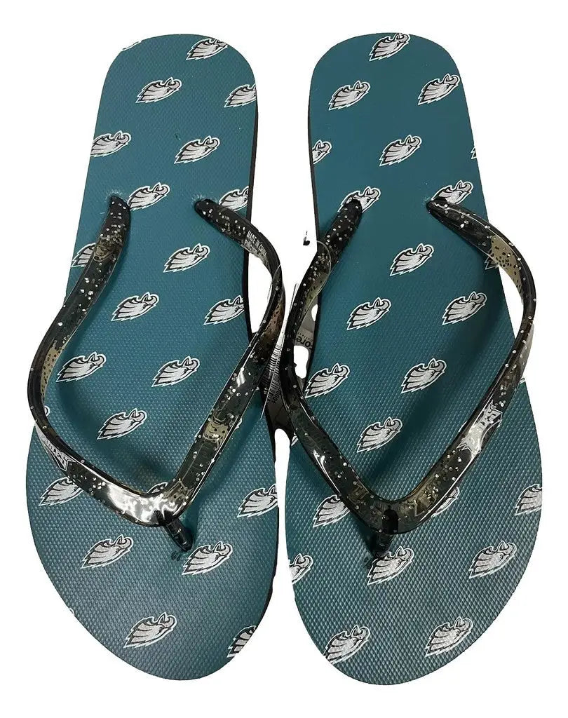 Teal glitter thong flip flops with feather pattern for Philadelphia Eagles women’s size