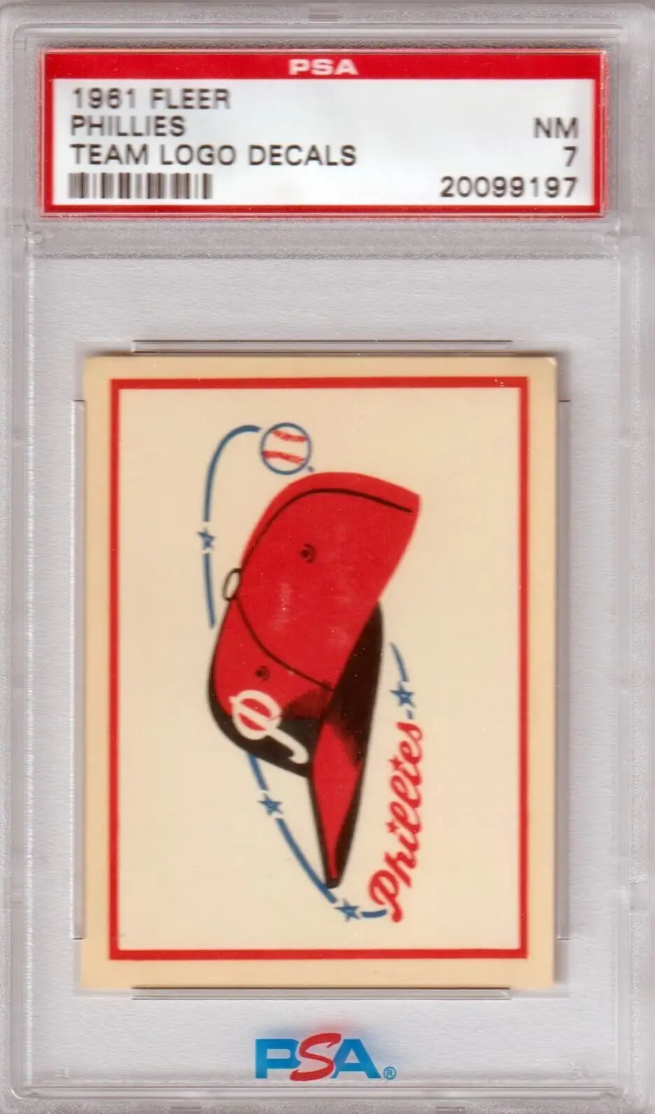 Vintage 1961 Fleer Phillies baseball team logo decal card PSA 7 NM from Columbia Hobby