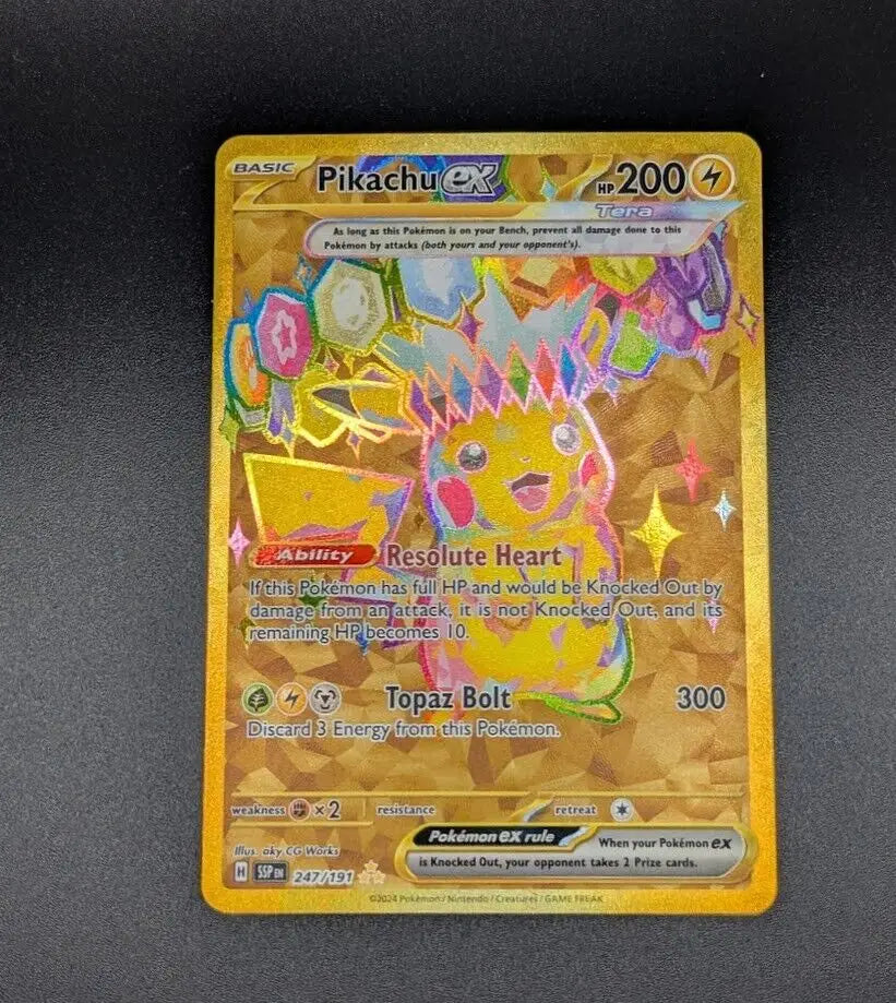 Gold Pikachu ex Pokémon card from Surging Sparks Holo Hyper Rare collection