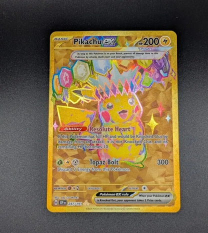 Gold Pikachu ex Pokémon card from Surging Sparks Holo Hyper Rare collection