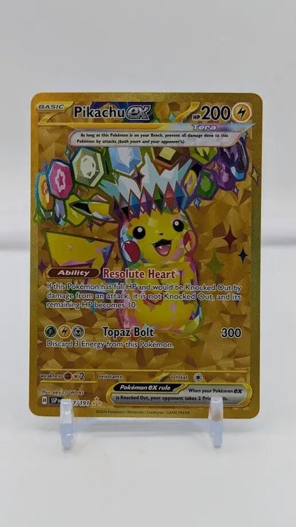 Gold Pikachu EX card from Pikachu ex 247/191 Sv08: Surging Sparks Holo Hyper Rare