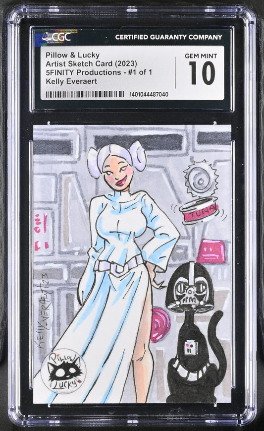 Graded sketch card of Kelly Everaert in a white dress with a black cat, Star Wars theme