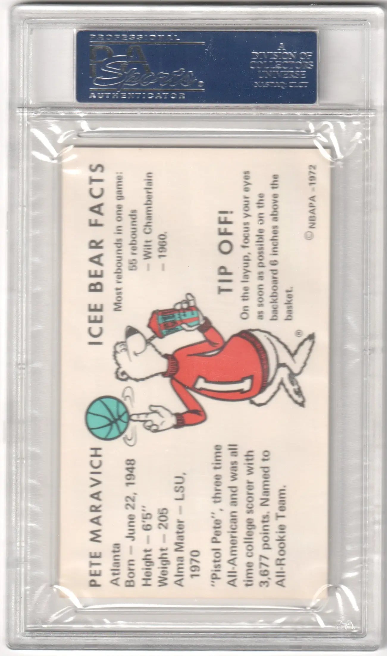 Vintage Icee Bear trading card featuring a cartoon bear in red clothing and basketball