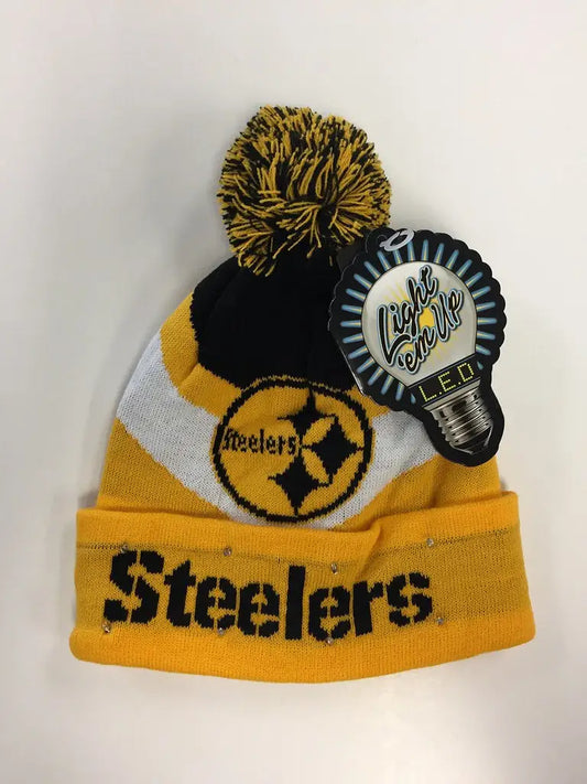 Pittsburgh Steelers Big Logo Colorblock Light Up Beanie with pom-pom and team logo