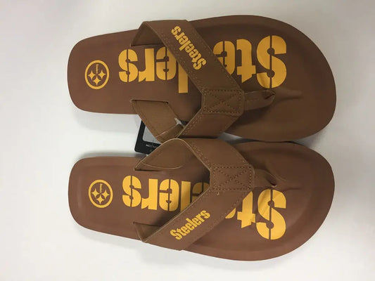 Brown Pittsburgh Steelers Color Pop Contour flip-flops featuring yellow team logo and peace symbol