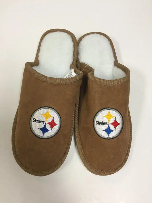 Brown Pittsburgh Steelers slide slippers featuring team color logo for men’s shoe size