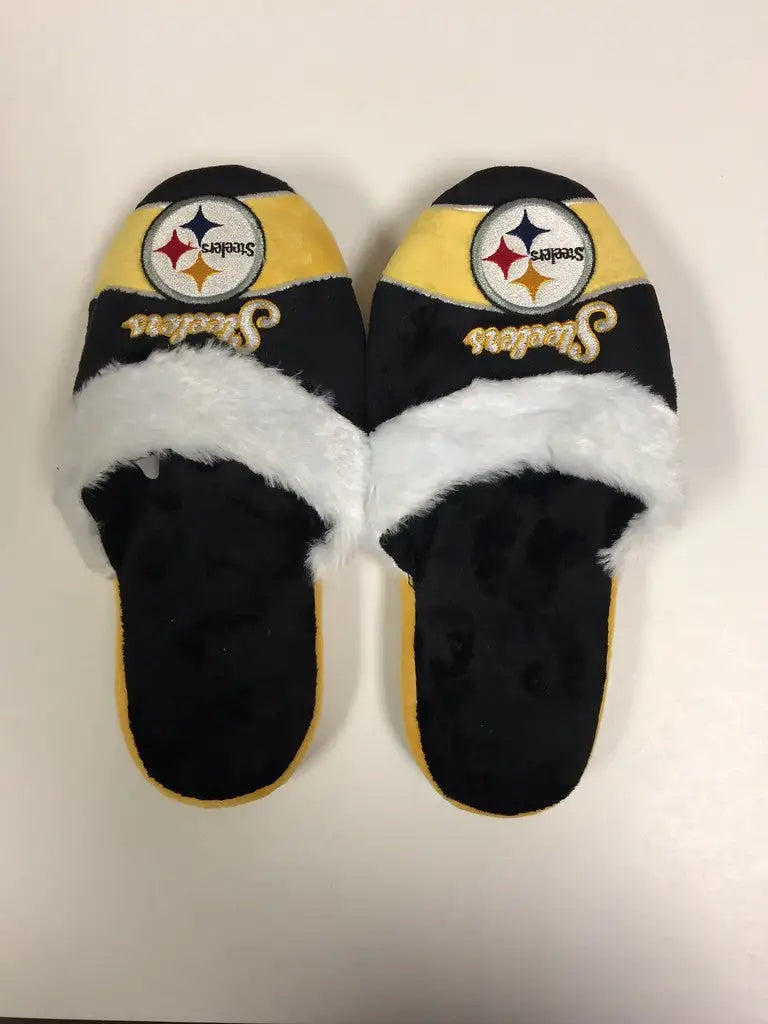 Pittsburgh Steelers Womens Stripe Logo Slippers in fuzzy faux fur with team logos