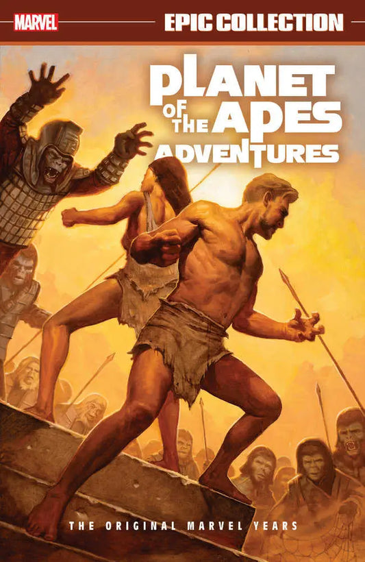 Comic book cover of muscular man in primitive clothes battling apes for trading cards