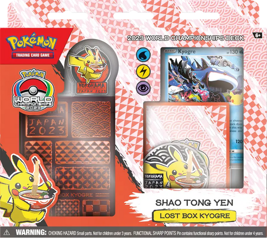 Pokémon World Championship 2023 merchandise pack with Pikachu and Kyogre-themed trading cards