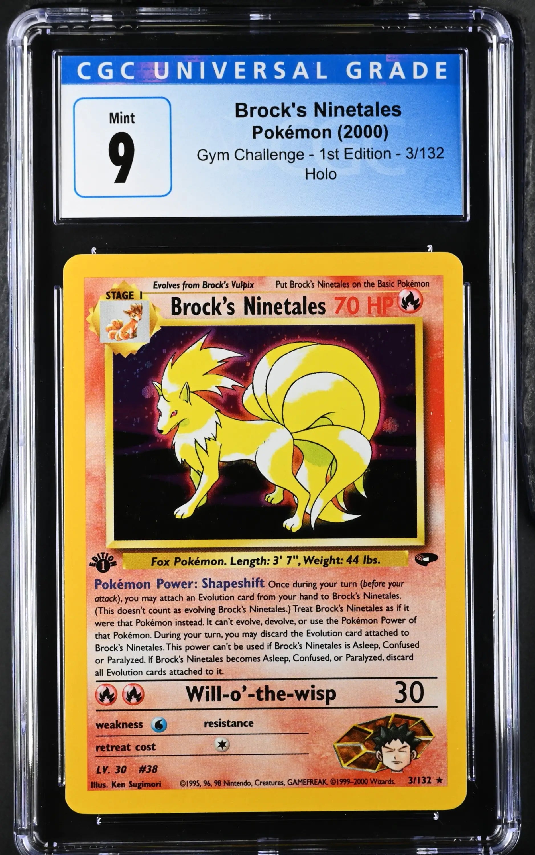 Graded Pokémon card featuring Brock’s Ninetales from Gym Challenge 1st Edition