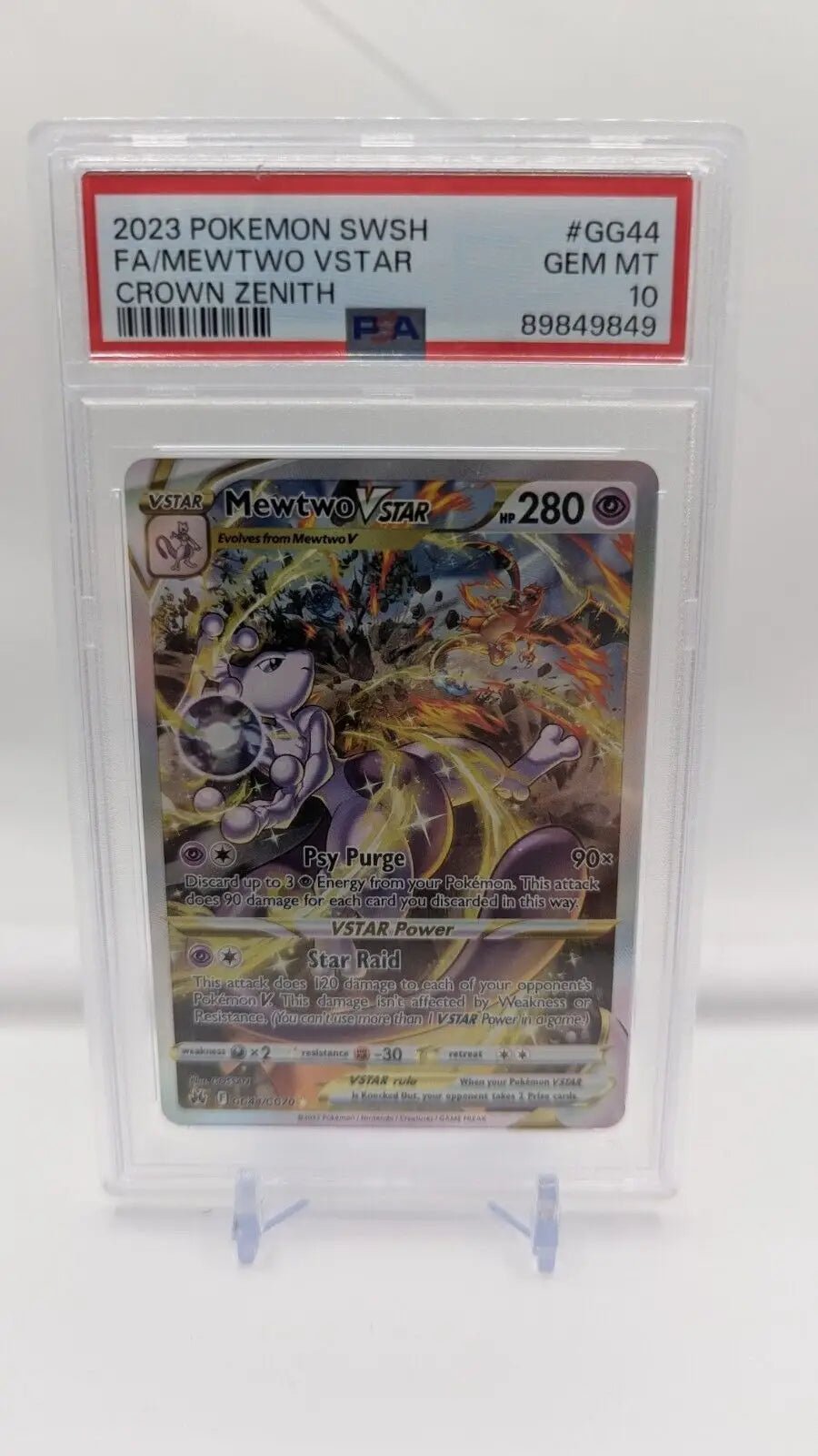 Graded Mewtwo VSTAR GG44 Pokémon card in PSA 10 condition from Crown Zenith collection