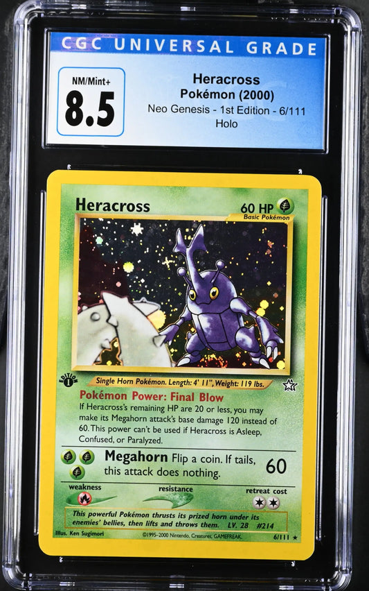 Graded Pokémon trading card of Heracross from Neo Genesis in protective holder