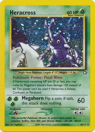 Pokémon Heracross trading card from Neo Genesis with holographic starry background