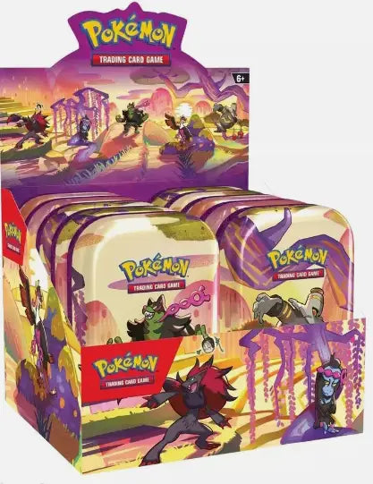 Display box of Pokémon trading card game booster packs in a random tin design