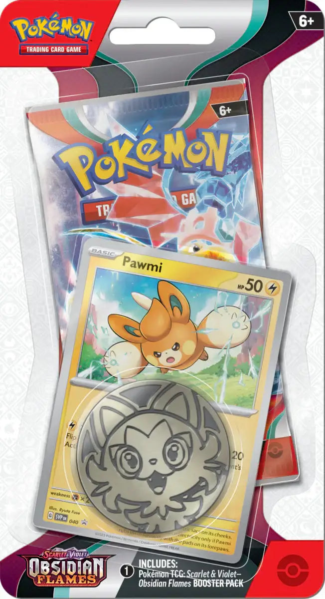 Pokemon Obsidian Flames Checklane Blister with Pawmi and collectible coin in packaging