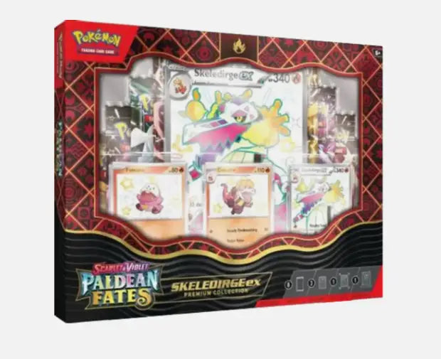 Pokémon Paldean Fates Skeledirge EX Premium Collection Box with shiny card featuring Skeledirge