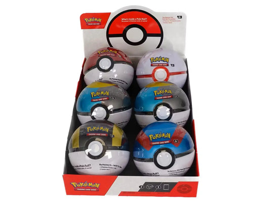 Display case showcasing colorful Pokémon Poke Ball tins for Fall 2024