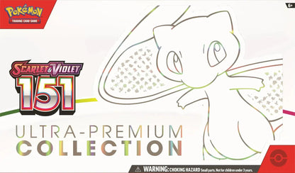 Outline sketch of Mew with the Scarlet & Violet 151 Ultra Premium Collection logo for collectors