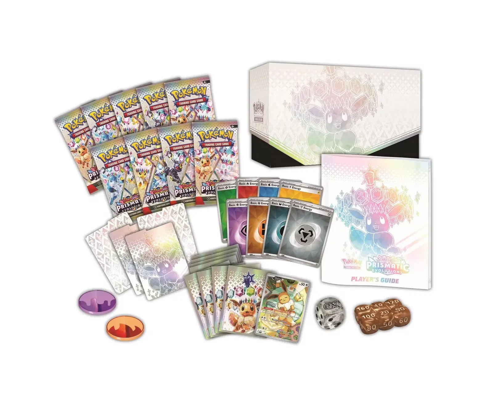 Pokemon Scarlet & Violet Prismatic Evolutions Elite Trainer Box with booster packs and cards