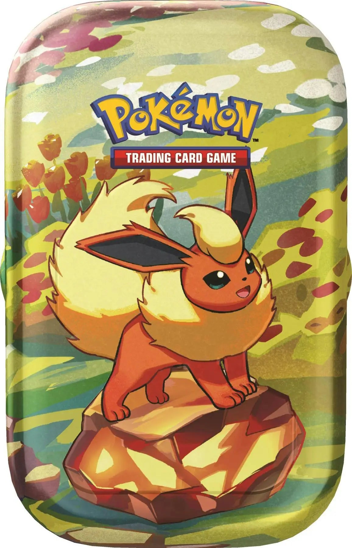 Flareon artwork on Pokémon TCG Scarlet & Violet Prismatic Evolutions Mini Tin