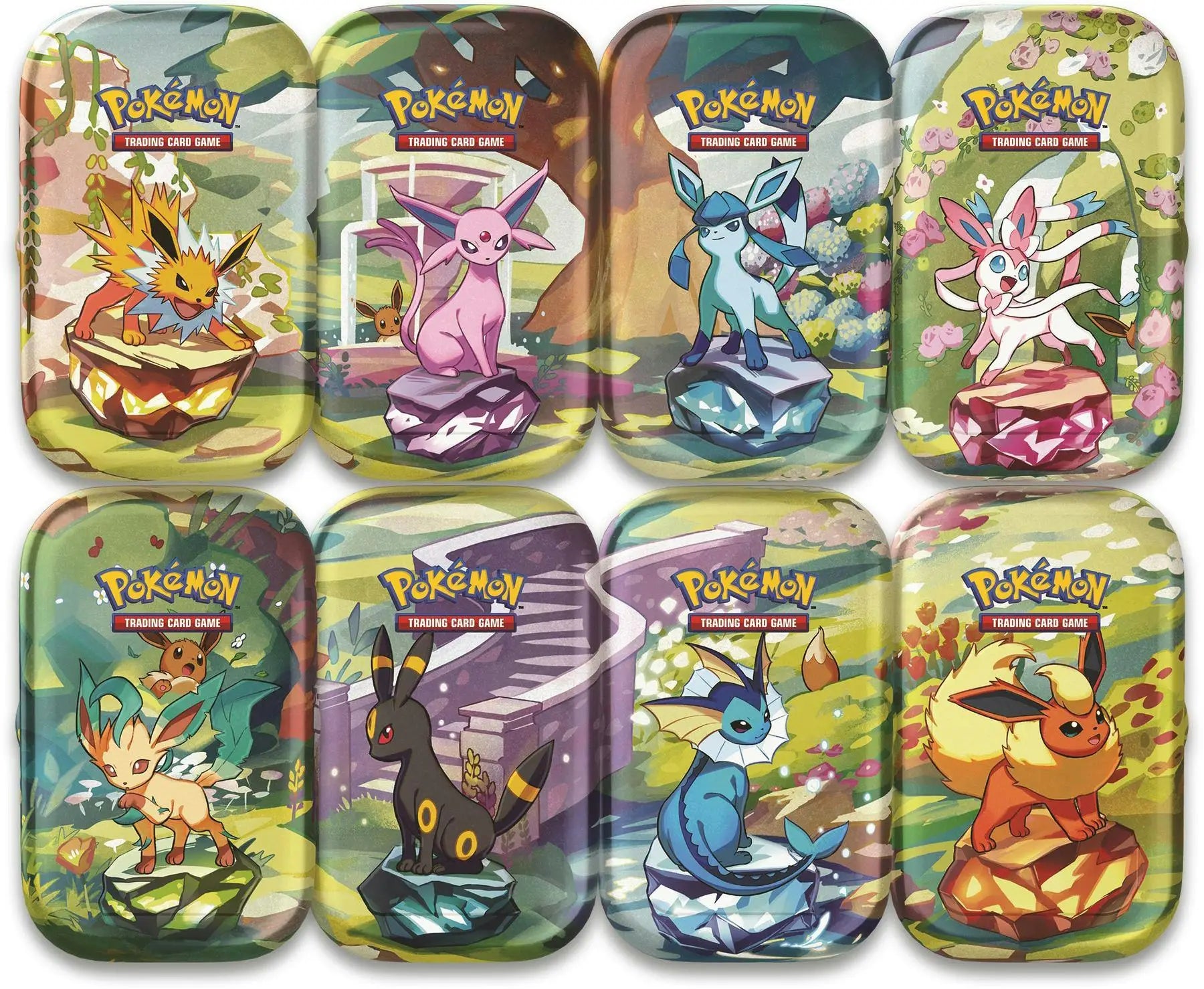 Collection of Pokémon TCG trading card tins featuring Violet—Prismatic Evolutions artwork