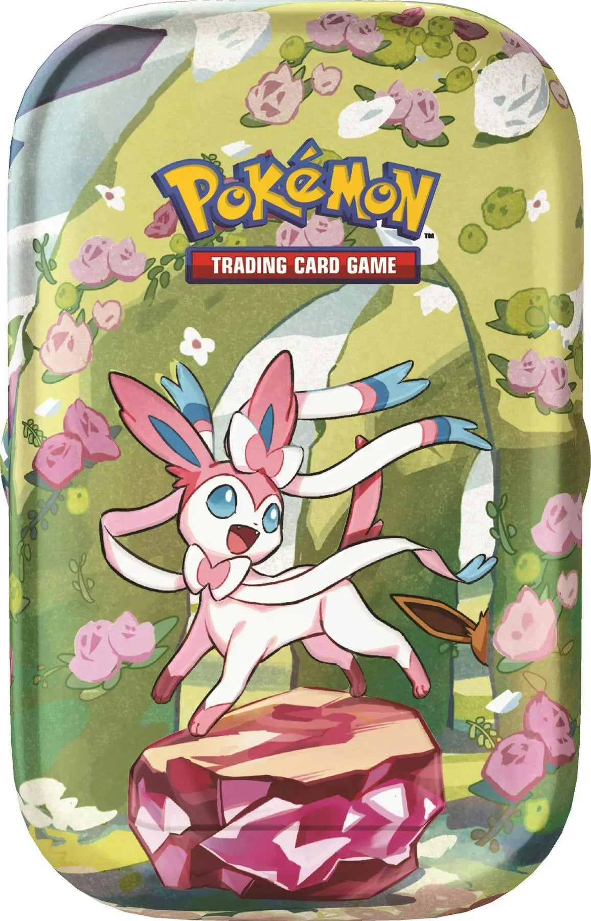 Pokémon TCG Scarlet & Violet Prismatic Evolutions Mini Tin with Sylveon and flowers