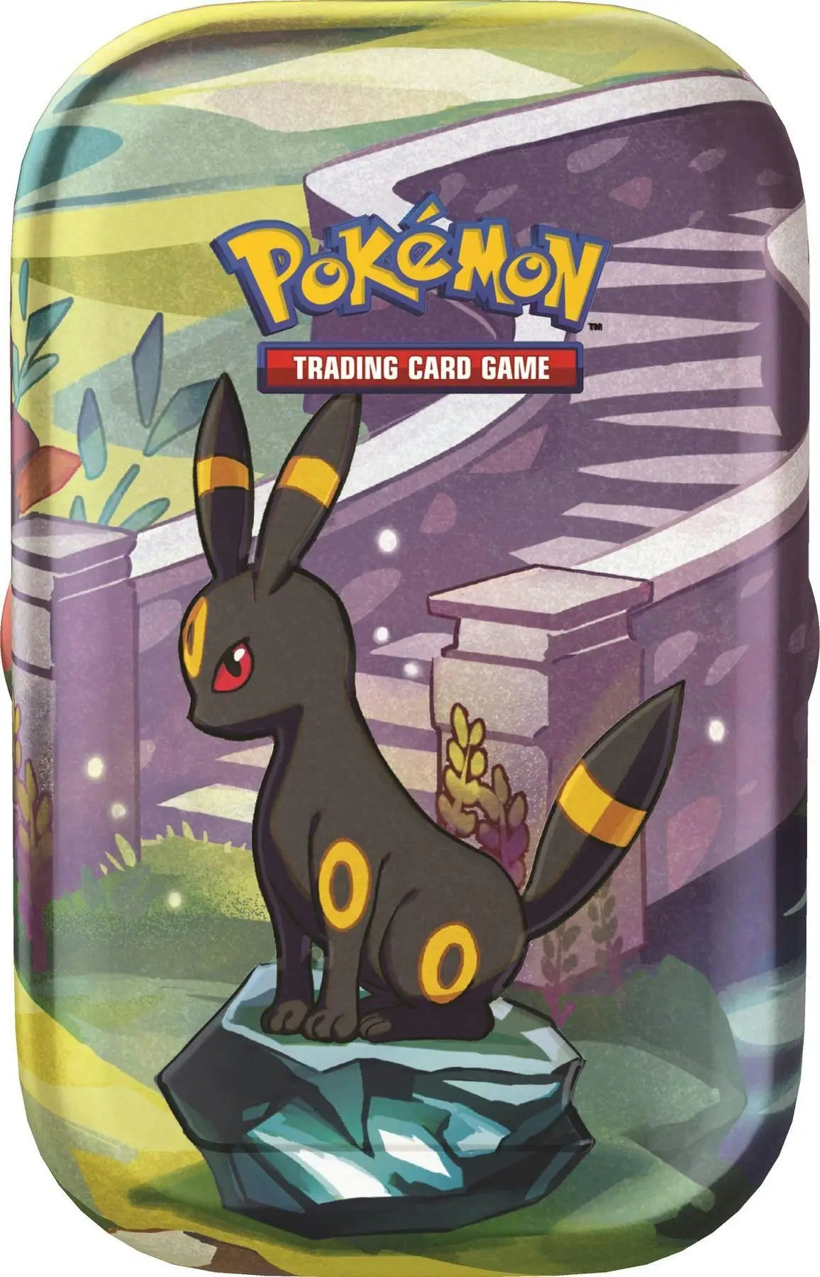 Umbreon artwork on Pokémon TCG Scarlet & Violet Prismatic Evolutions Mini Tin