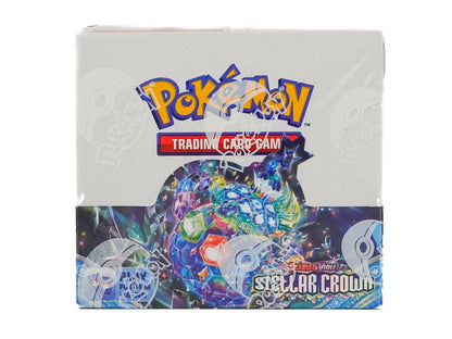 Pokemon Scarlet & Violet Stellar Crown Booster Box with colorful holographic artwork