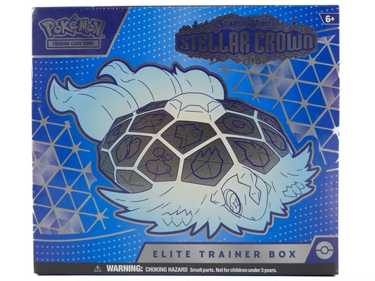 Pokemon Scarlet & Violet Stellar Crown Elite Trainer Box with turtle-like creature design