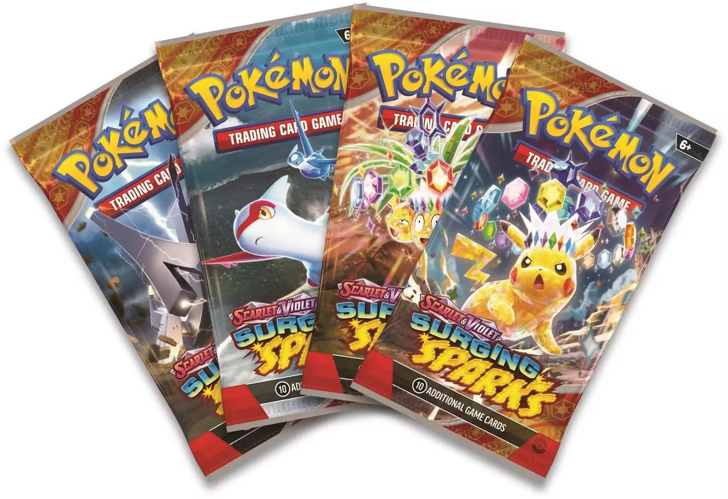 Fan-spread collection of Pokémon trading card game booster packs from Pokemon Scarlet & Violet Surging Sparks with ace spec cards