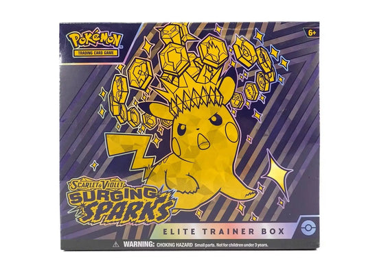 Pokemon Scarlet & Violet Surging Sparks Elite Trainer Box with Pikachu and gold hexagons