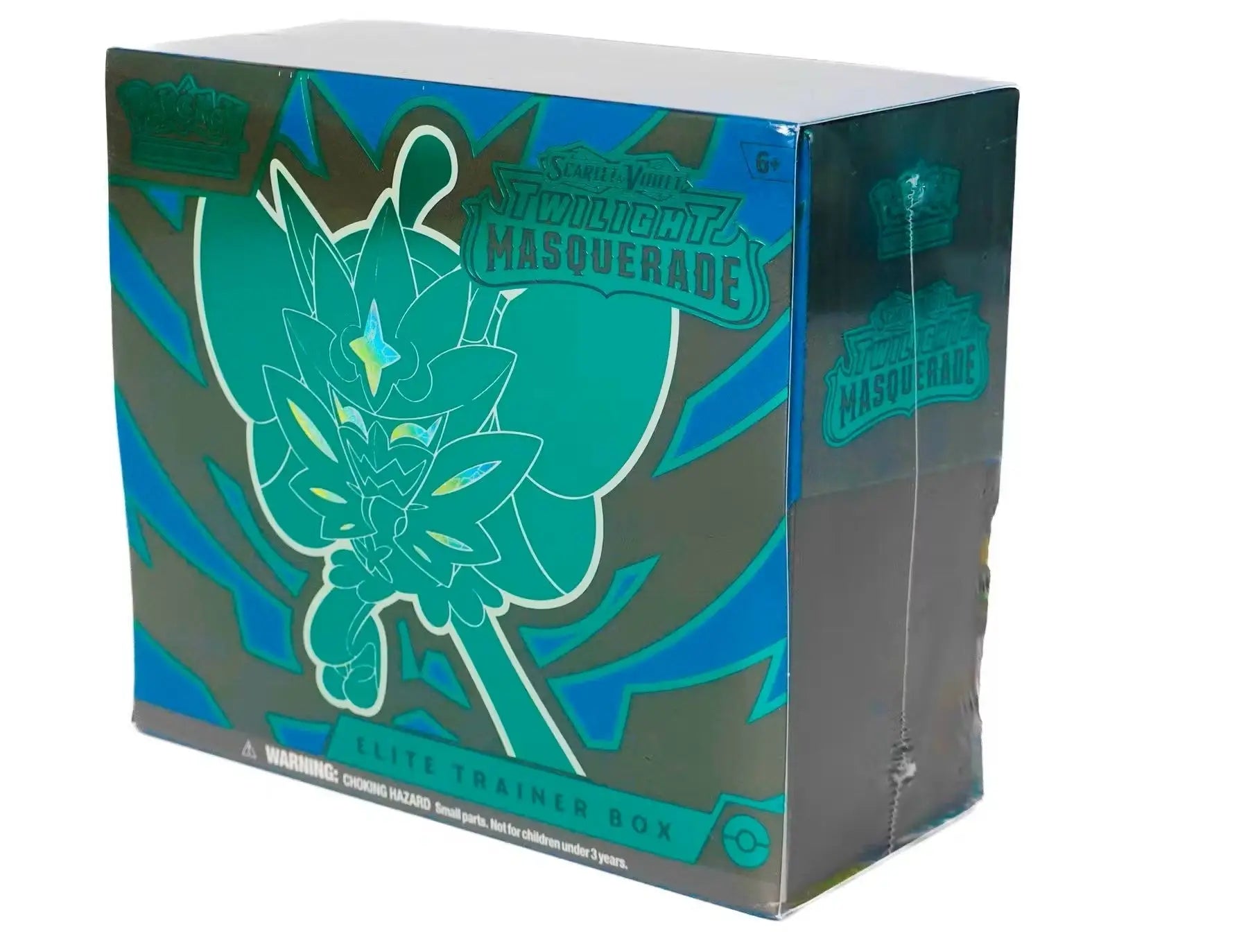 Teal and blue Pokemon Scarlet & Violet Twilight Masquerade Elite Trainer Box design