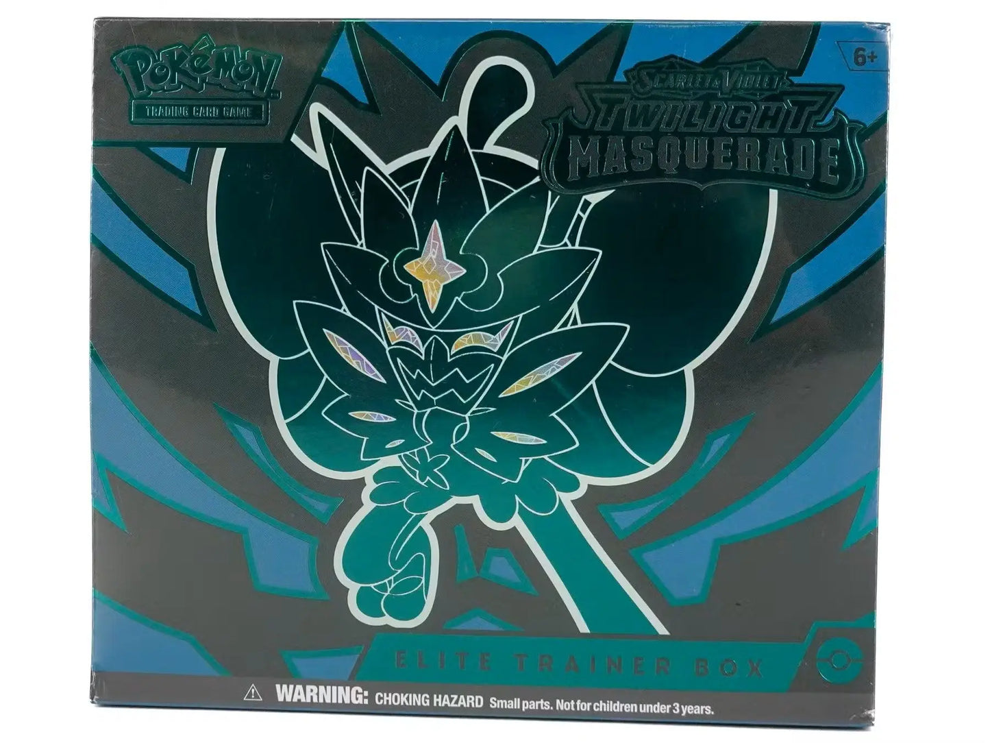 Dark teal and blue Pokemon Scarlet & Violet Twilight Masquerade Elite Trainer Box design