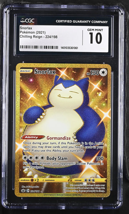 Graded CGC 10 Snorlax Pokémon trading card from Chilling Reign with a gold background