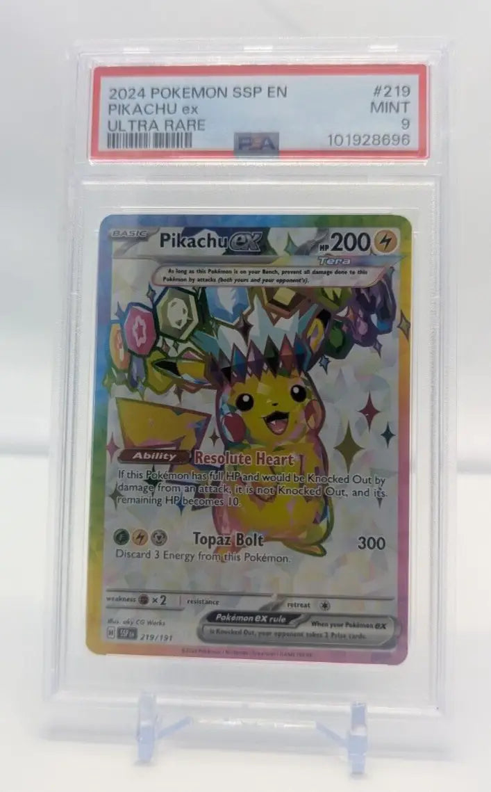 Graded Pokemon Surging Sparks Pikachu 219 Ultra Rare card PSA 9 for collectors