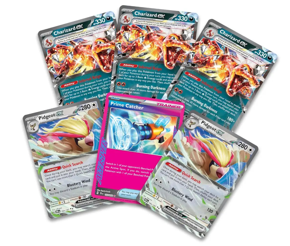 Collection of Pokémon trading cards including Charizard from the League Battle Deck