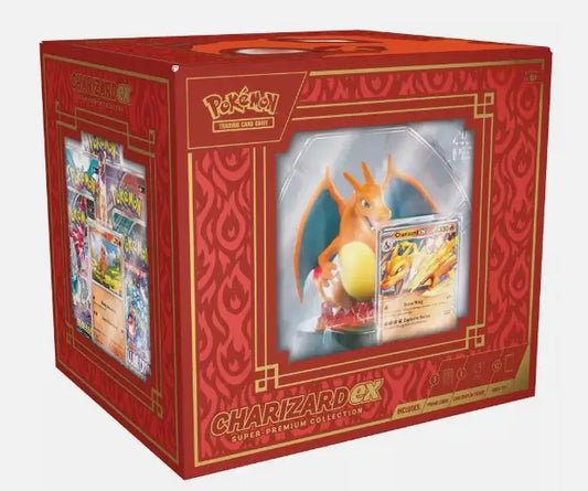 Red Pokémon TCG collectible box featuring Charizard EX artwork and gold patterns