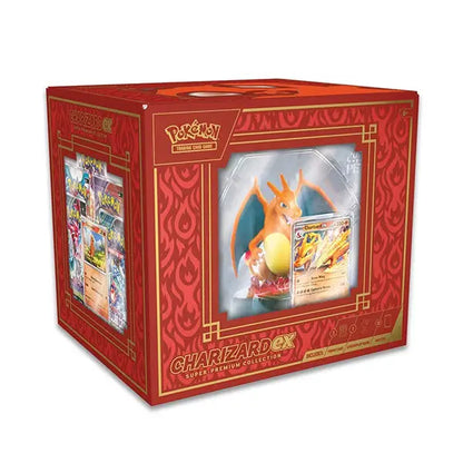 Red Pokémon TCG box with Charizard artwork from Super-Premium Collection featuring unique designs