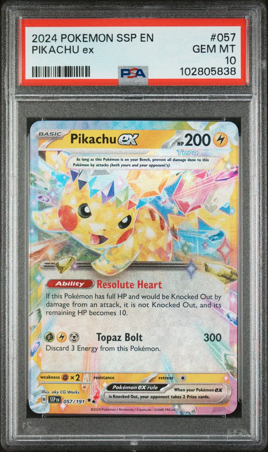 Graded TCG Pikachu EX Pokemon card PSA 10 from Surging Sparks collection